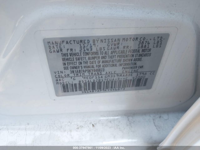 2019 NISSAN SENTRA SV VIN: 3N1AB7AP9KY446873