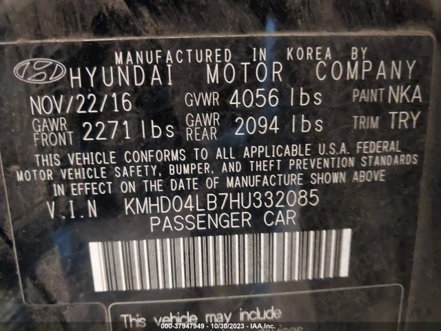 2017 HYUNDAI ELANTRA SPORT VIN: KMHD04LB7HU332085