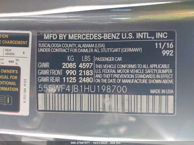 2017 MERCEDES-BENZ C 300 SPORT/LUXURY/ VIN: 55SWF4JB1HU198700