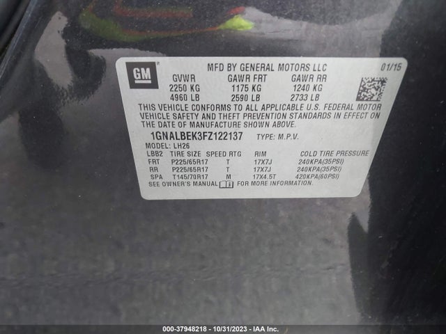 2015 CHEVROLET EQUINOX LT VIN: 1GNALBEK3FZ122137