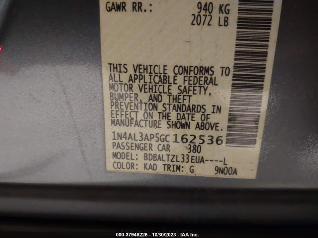 2016 NISSAN ALTIMA 2.5 SL VIN: 1N4AL3AP5GC162536