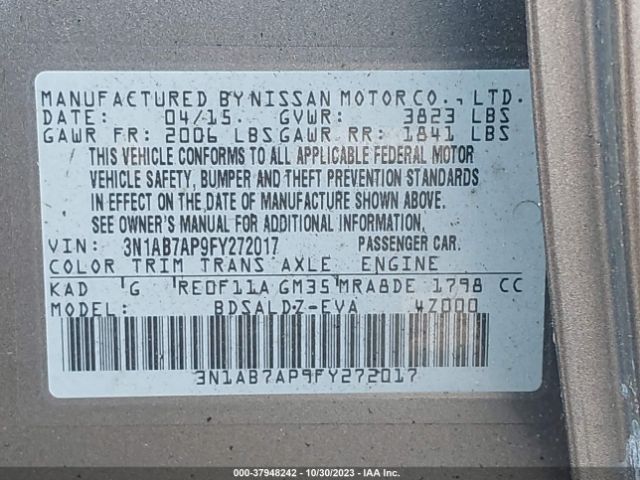 3N1AB7AP9FY272017 Nissan Sentra Sr/sl/s/sv/fe+ S