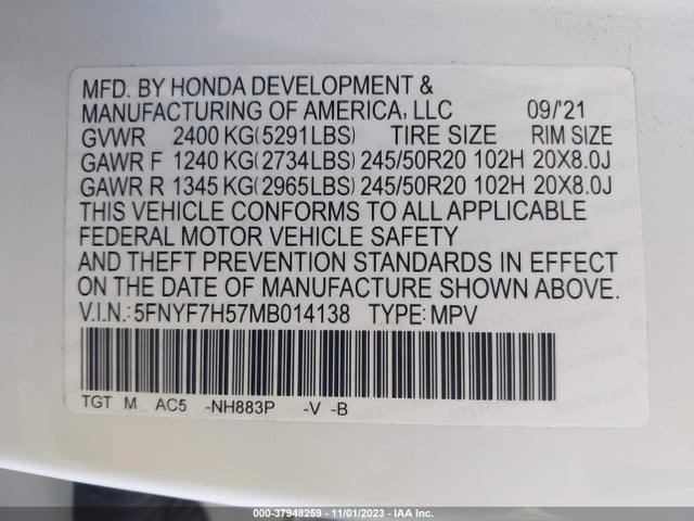 37948259 :رقم المزاد ، 5FNYF7H57MB014138 vin ، 2021 Honda Passport Ex-l مزاد بيع