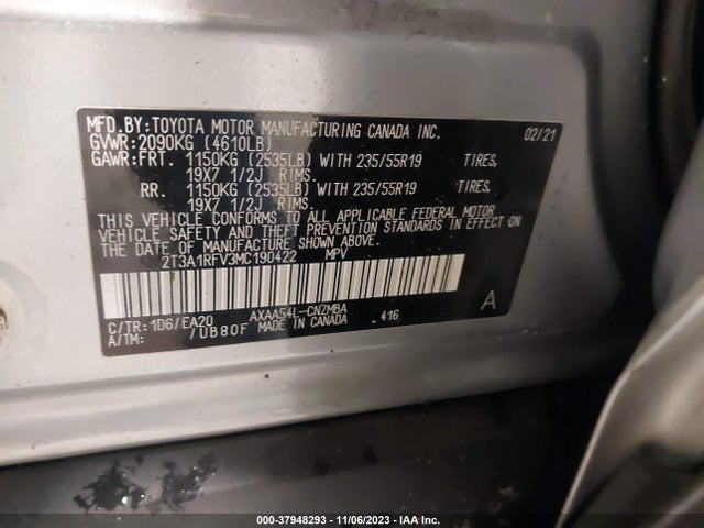 2021 TOYOTA RAV4 XLE PREMIUM VIN: 2T3A1RFV3MC190422