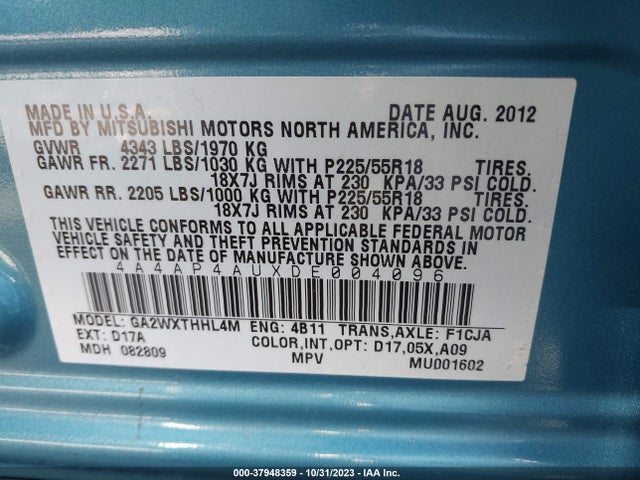 Продаж на аукціоні авто 2013 Mitsubishi Outlander Sport Se, vin: 4A4AP4AUXDE004096, номер лоту: 37948359