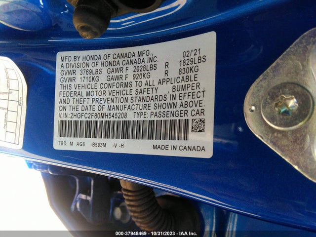 2021 HONDA CIVIC SPORT VIN: 2HGFC2F80MH545208