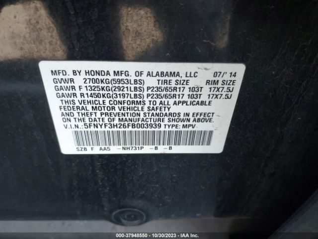 5FNYF3H26FB003939 Honda PILOT LX