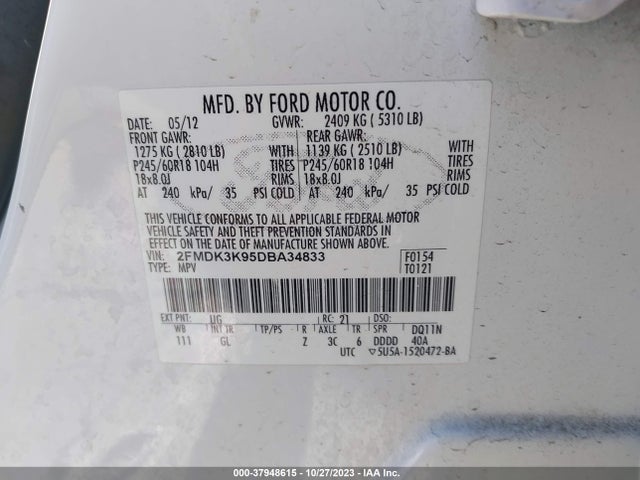 2013 FORD EDGE LIMITED VIN: 2FMDK3K95DBA34833