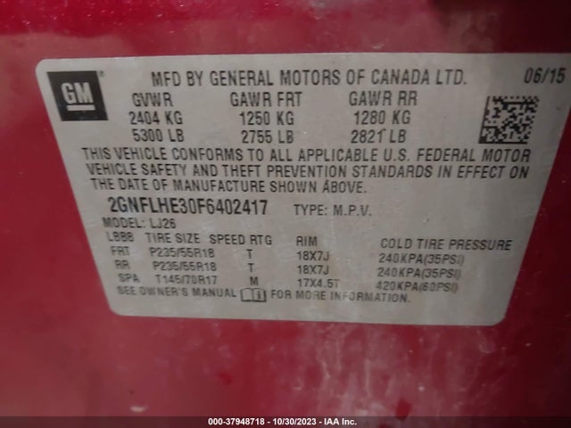2015 CHEVROLET EQUINOX LTZ VIN: 2GNFLHE30F6402417