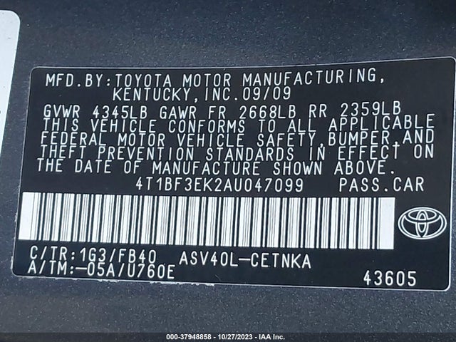 2010 TOYOTA CAMRY VIN: 4T1BF3EK2AU047099