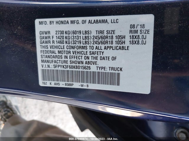 Honda Ridgeline Rtl-t 2019 5FPYK3F68KB015626 Image 9