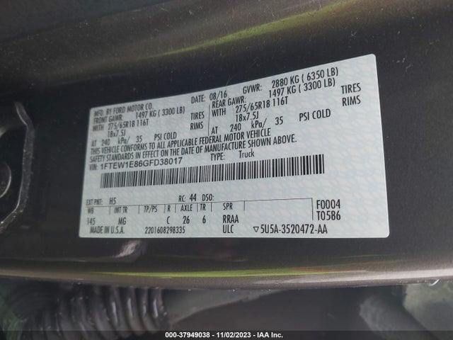 2016 FORD F-150 XLT VIN: 1FTEW1E86GFD38017