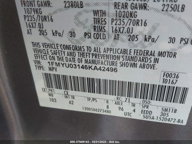 2006 FORD ESCAPE XLT/XLT SPORT VIN: 1FMYU03146KA42496