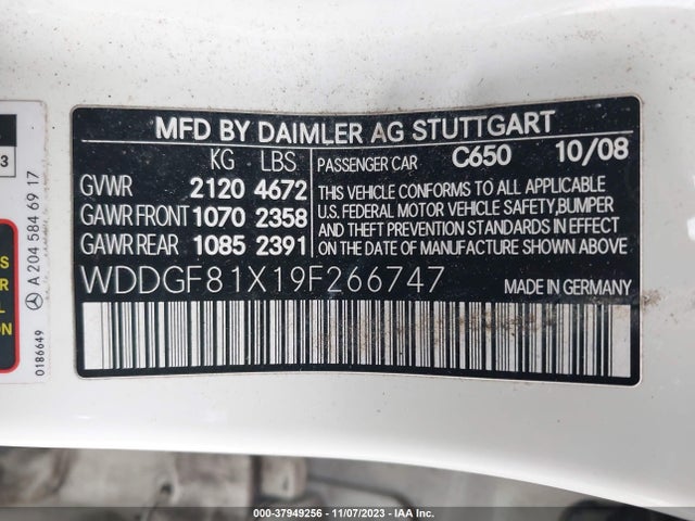 Продаж на аукціоні авто 2009 Mercedes-benz C 300 Sport 4matic/luxury 4matic, vin: WDDGF81X19F266747, номер лоту: 37949256