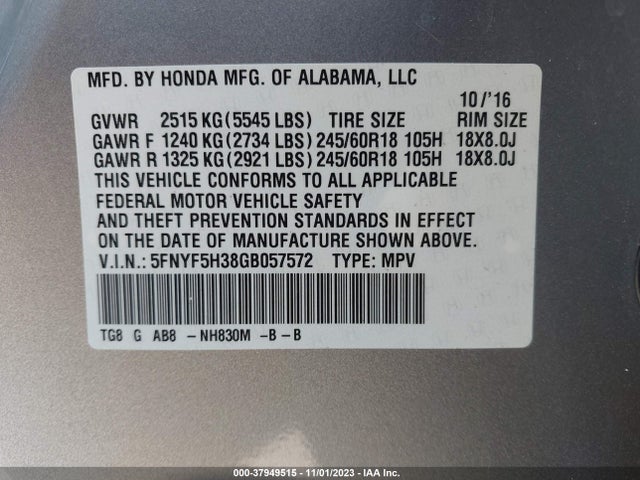 Honda Pilot Ex 2016 5FNYF5H38GB057572 Image 9
