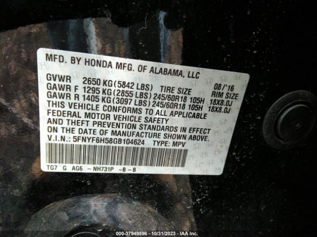 5FNYF6H58GB104624 Honda Pilot Ex-l