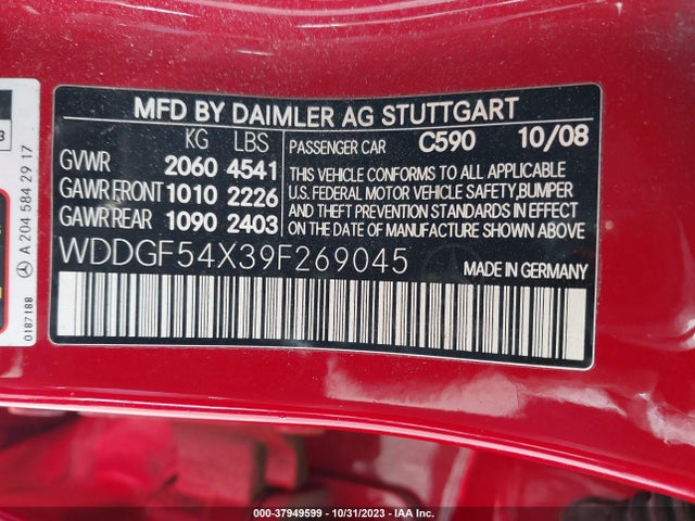 2009 MERCEDES-BENZ C-CLASS 3.0L VIN: WDDGF54X39F269045