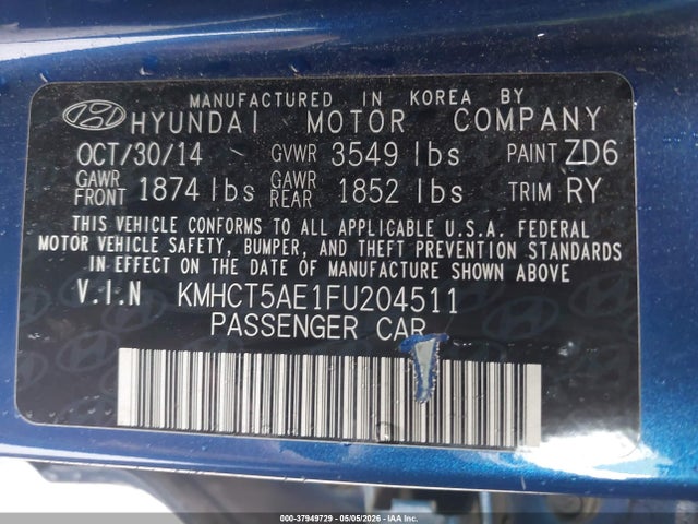 37949729 :رقم المزاد ، KMHCT5AE1FU204511 vin ، 2015 Hyundai Accent Gs مزاد بيع