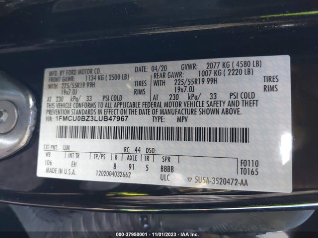 2020 FORD ESCAPE SE SPORT HYBRID VIN: 1FMCU0BZ3LUB47967