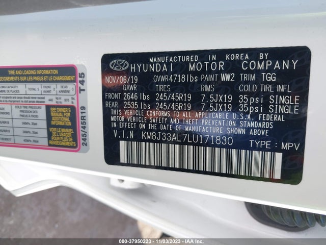 2020 HYUNDAI TUCSON SPORT VIN: KM8J33AL7LU171830