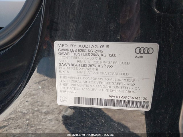 2015 AUDI Q5 2.0T PREMIUM VIN: WA1LFAFP7FA141120