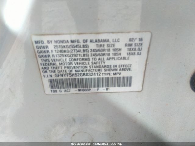 5FNYF5H52GB032412 Honda Pilot Ex-l