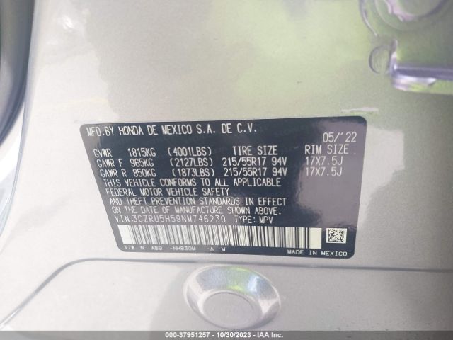 3CZRU5H59NM746230 Honda Hr-v 2wd Ex