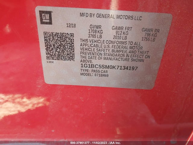 2019 CHEVROLET CRUZE LS VIN: 1G1BC5SM0K7134197