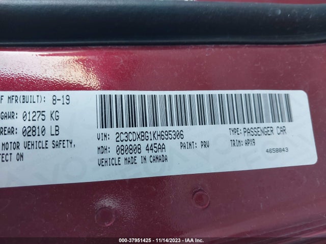 2019 DODGE CHARGER SXT RWD VIN: 2C3CDXBG1KH695306