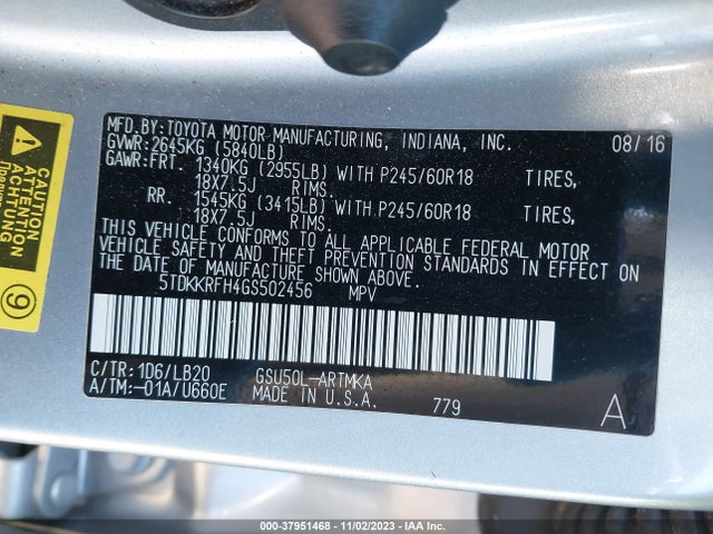 Toyota Highlander Xle V6 2016 5TDKKRFH4GS502456 Image 9