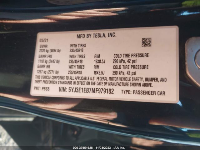 5YJ3E1EB7MF979182 Tesla Model 3 Long Range
