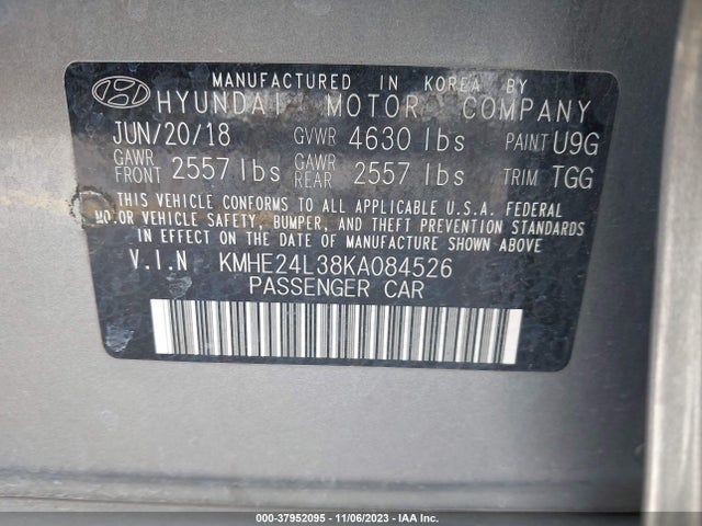 Продаж на аукціоні авто 2019 Hyundai Sonata Hybrid Se, vin: KMHE24L38KA084526, номер лоту: 37952095