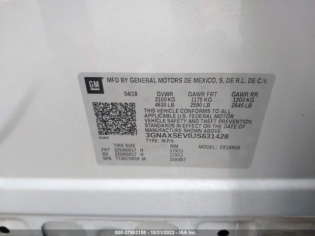 2018 CHEVROLET EQUINOX LT VIN: 3GNAXSEV0JS631428