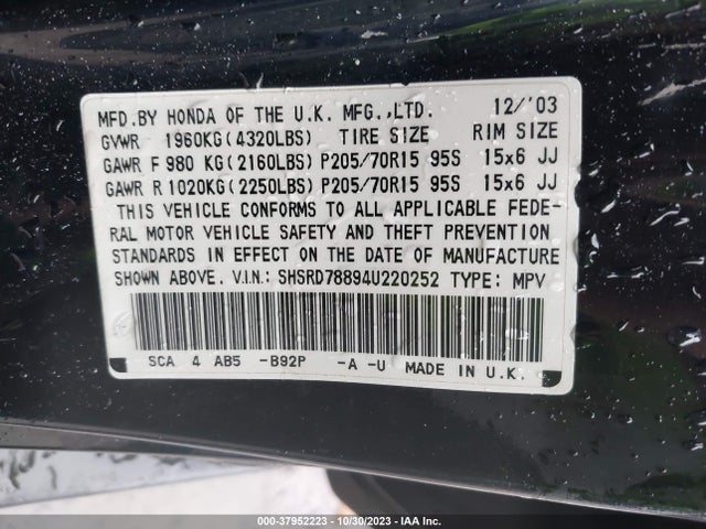 Aukcja sprzedaży 2004 Honda Cr-v Ex, vin: SHSRD78894U220252, numer aukcji: 37952223
