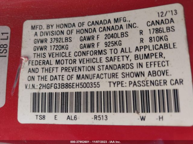 2HGFG3B86EH500355 Honda Civic Coupe Ex