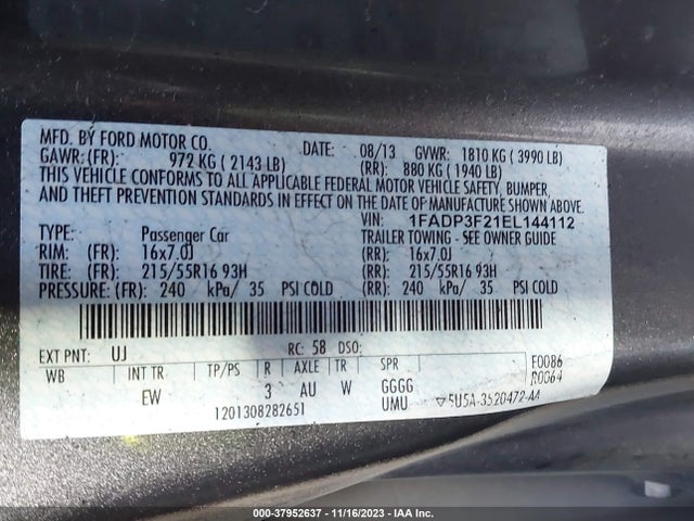 2014 FORD FOCUS SE VIN: 1FADP3F21EL144112