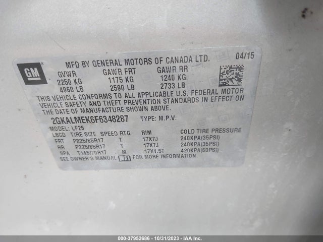 GMC Terrain Sle-1 2015 2GKALMEK6F6348287 Image 9