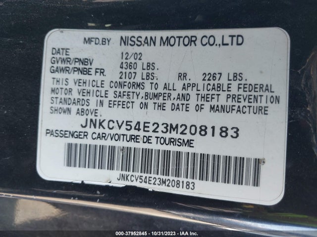 2003 INFINITI G35 LEATHER VIN: JNKCV54E23M208183