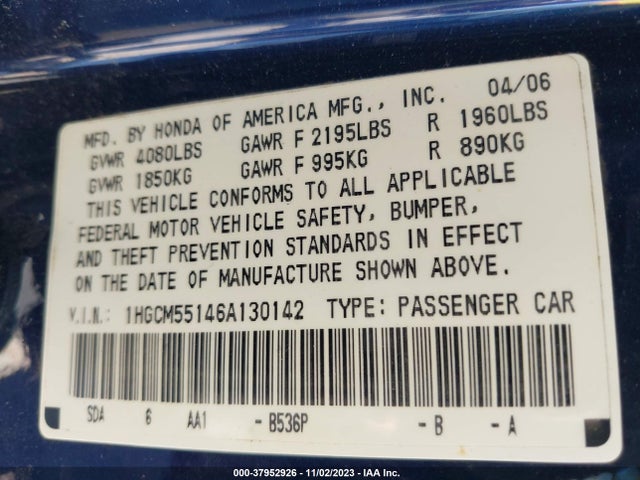2006 HONDA ACCORD 2.4 VP VIN: 1HGCM55146A130142