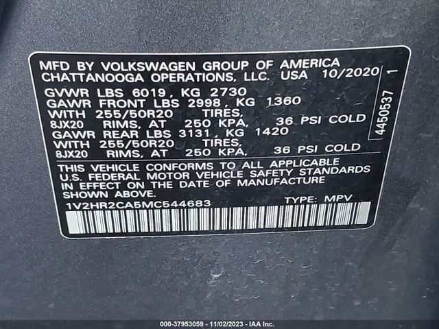 1V2HR2CA5MC544683 Volkswagen Atlas 3.6l V6 Se W/technology