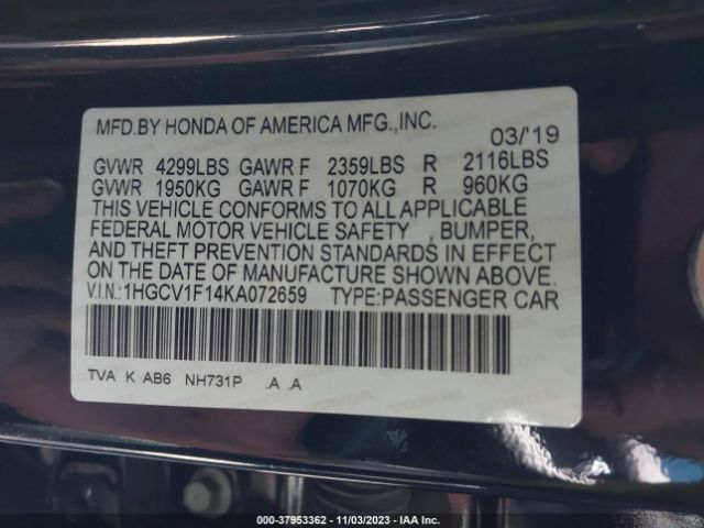 1HGCV1F14KA072659 Honda Accord Sedan Lx 1.5t