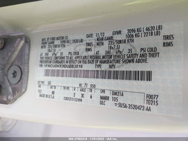 2013 FORD ESCAPE SEL VIN: 1FMCU0HX3DUB83519