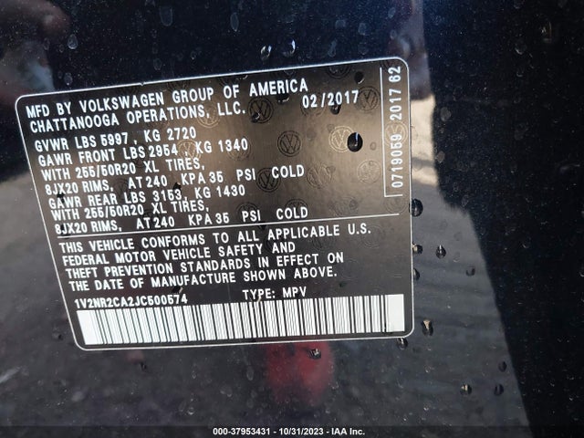 1V2NR2CA2JC500574 Volkswagen Atlas 3.6l V6 Sel Premium
