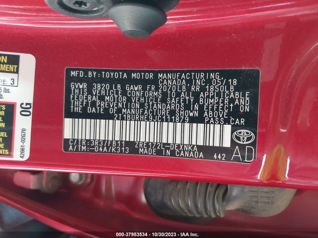 2018 TOYOTA COROLLA LE VIN: 2T1BURHE9JC111879