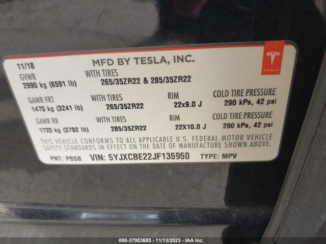 5YJXCBE22JF135950 Tesla Model X 75d/p100d/100d