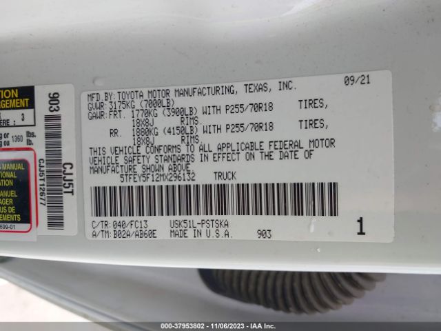5TFEY5F12MX296132 Toyota Tundra Sr5