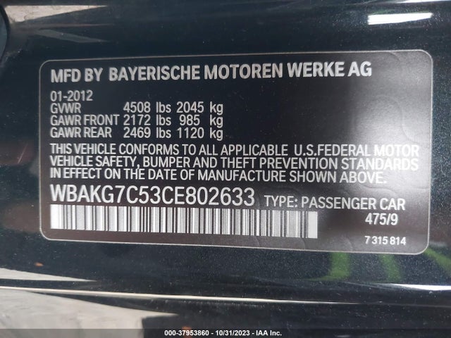2012 BMW 335I VIN: WBAKG7C53CE802633