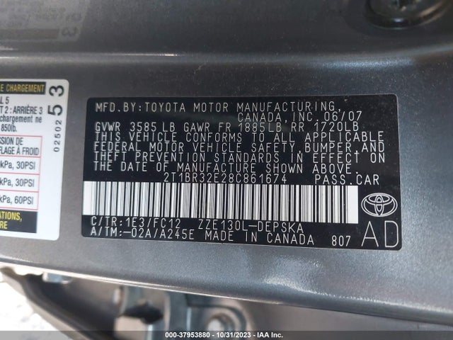 2008 TOYOTA COROLLA CE/S/LE VIN: 2T1BR32E28C861674