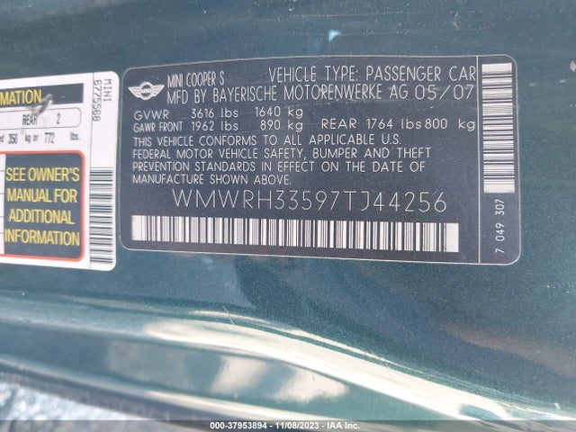 2007 MINI COOPER S WMWRH33597TJ44256 Photo 8