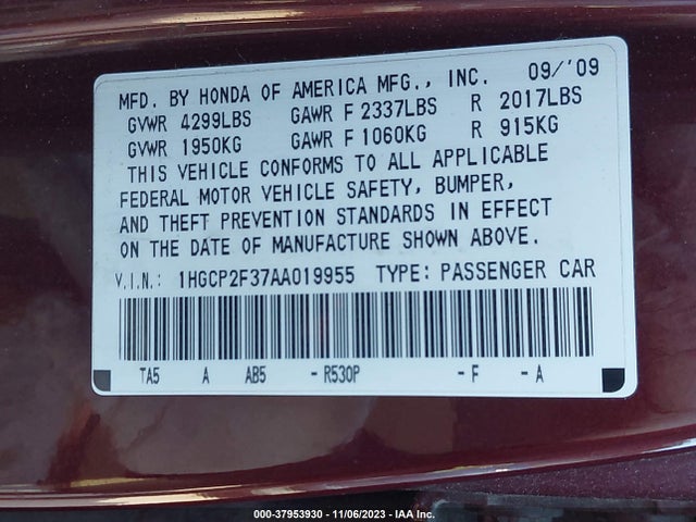 2010 HONDA ACCORD 2.4 LX VIN: 1HGCP2F37AA019955